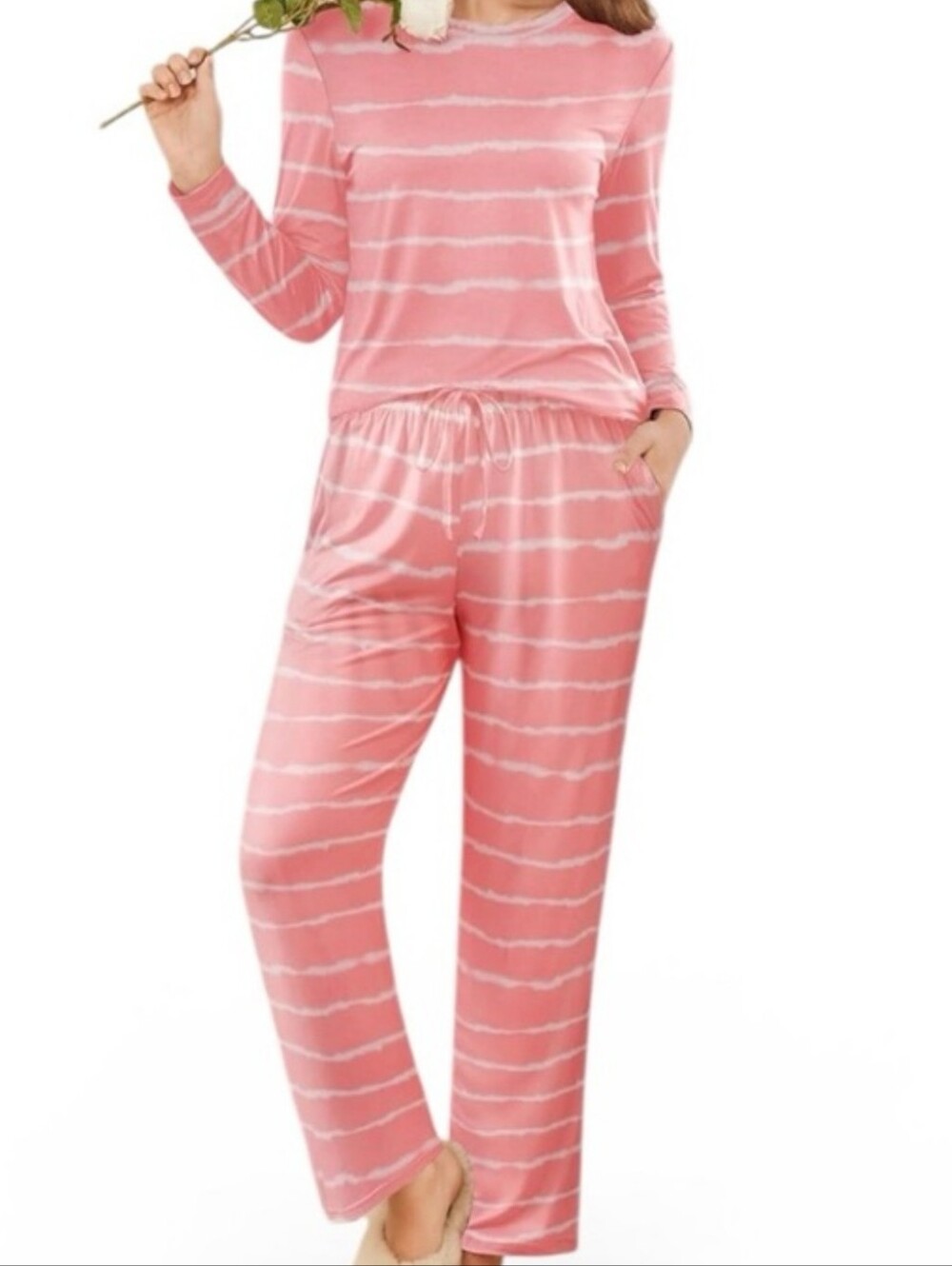 💚3/$30 NWOT Ekouaer Pink Tie-Dye Striped Long Sleeve Pajama Set - Small